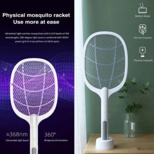 Portable mosquito killer racket being swung to zap a mosquito