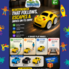 Child holding the 2.4GHz remote controller with the car beside it
