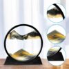 Black circular kinetic sand art frame showing falling sand with three close-up detail views