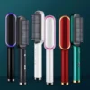 Seven colorful heated hair styling brushes arranged in a row on a dark teal background