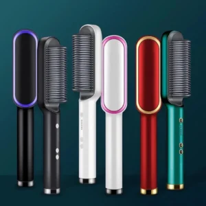 Seven colorful heated hair styling brushes arranged in a row on a dark teal background