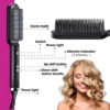 Black heated hair straightening brush with labeled parts next to a woman with wavy blonde hair
