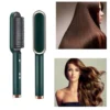 Green hair styling brush and flat iron displayed alongside photos of women with styled hair