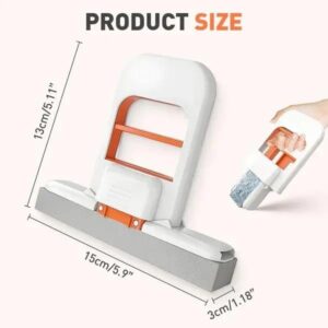 A white and orange cleaning tool with size measurement annotations displayed on a light background.