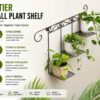 Black metal three-tier wall plant shelf mounted on a white wall with three potted plants