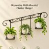 Black metal wall-mounted planter hanger displaying three potted plants on a plain wall